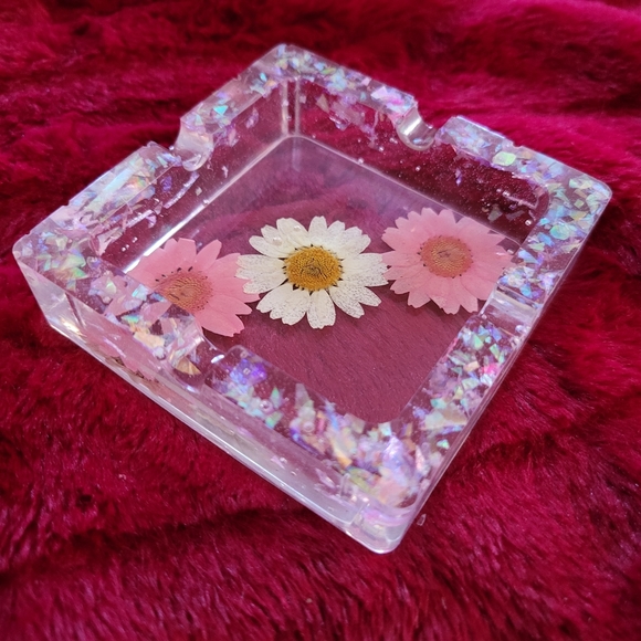 Handcrafted Flowers Candy Dish Ashtray Resin Art Stars Glitter - Picture 8 of 13